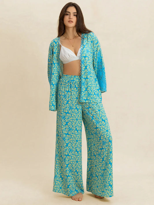 Open Front Printed Top and Pants Set - Velora