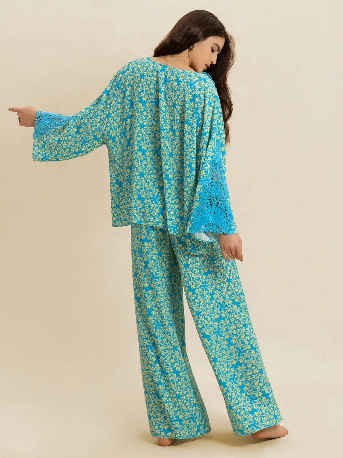 Open Front Printed Top and Pants Set - Velora Luxury Fashion