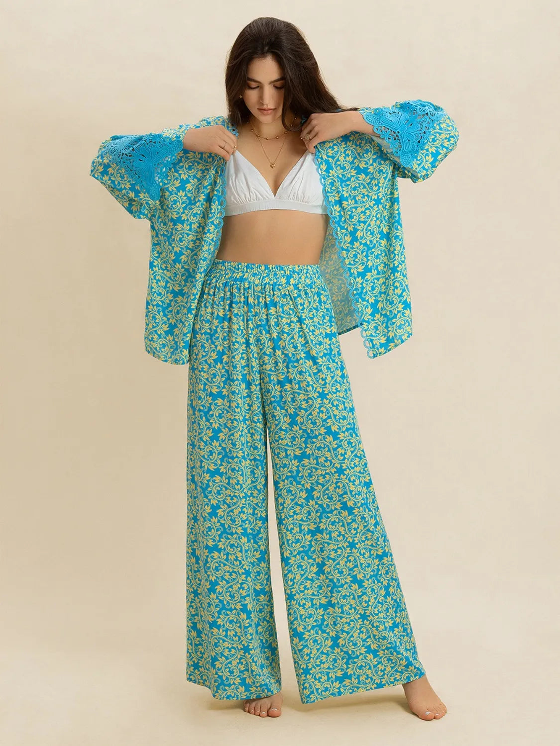 Open Front Printed Top and Pants Set - Velora Luxury Fashion
