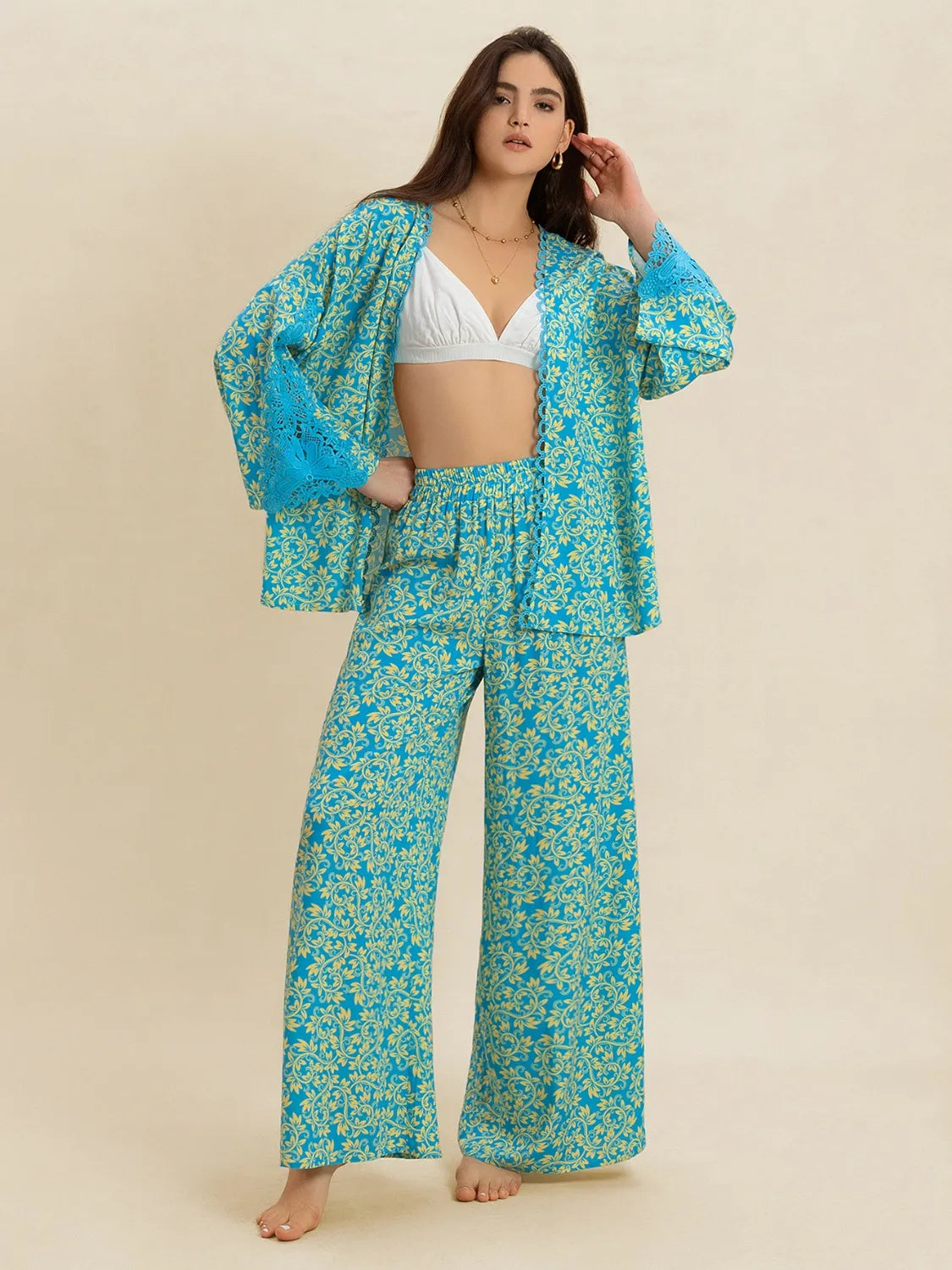 Open Front Printed Top and Pants Set - Velora Luxury Fashion