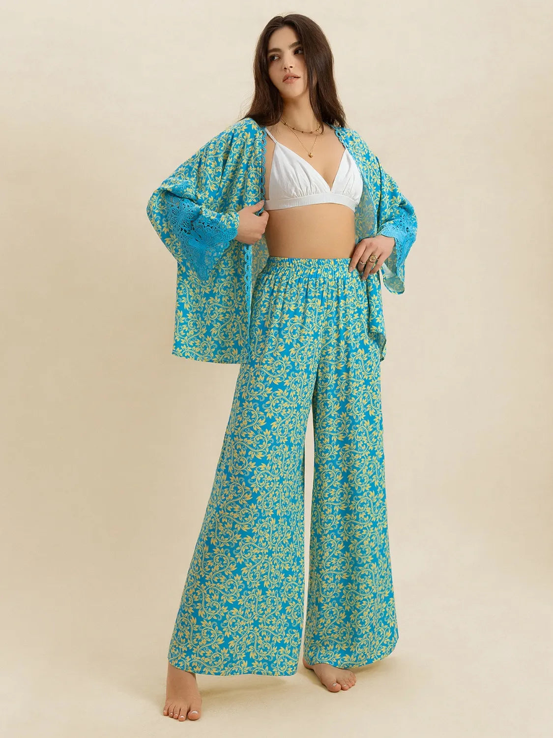 Open Front Printed Top and Pants Set - Velora Luxury Fashion