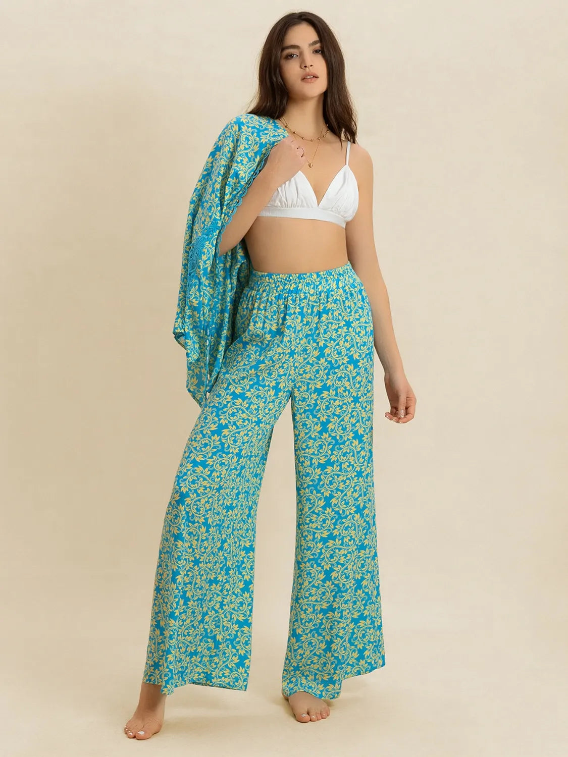Open Front Printed Top and Pants Set - Velora Luxury Fashion