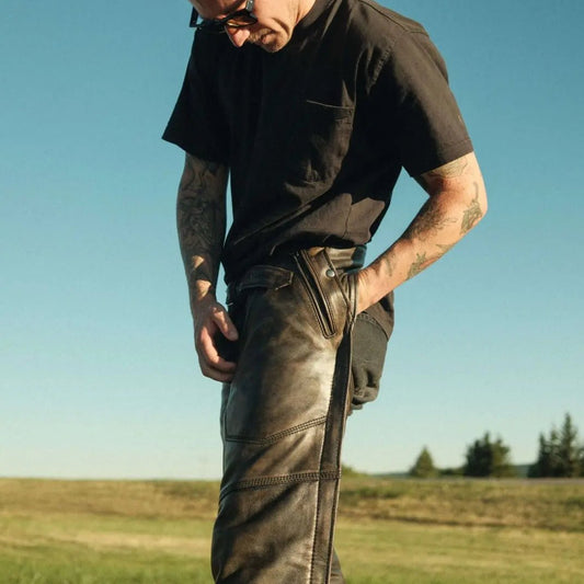 Open Road Men's Distressed Brown 4 Pocket Premium Leather Chaps - Velora Luxury Fashion