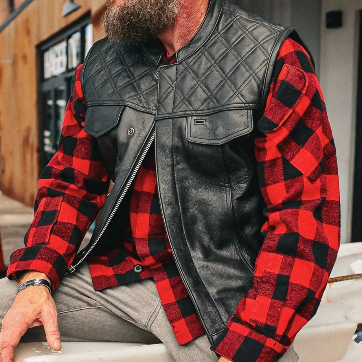 Open Road Men's Upside Leather with Black Stitched Diamonds Vest - Velora Luxury Fashion