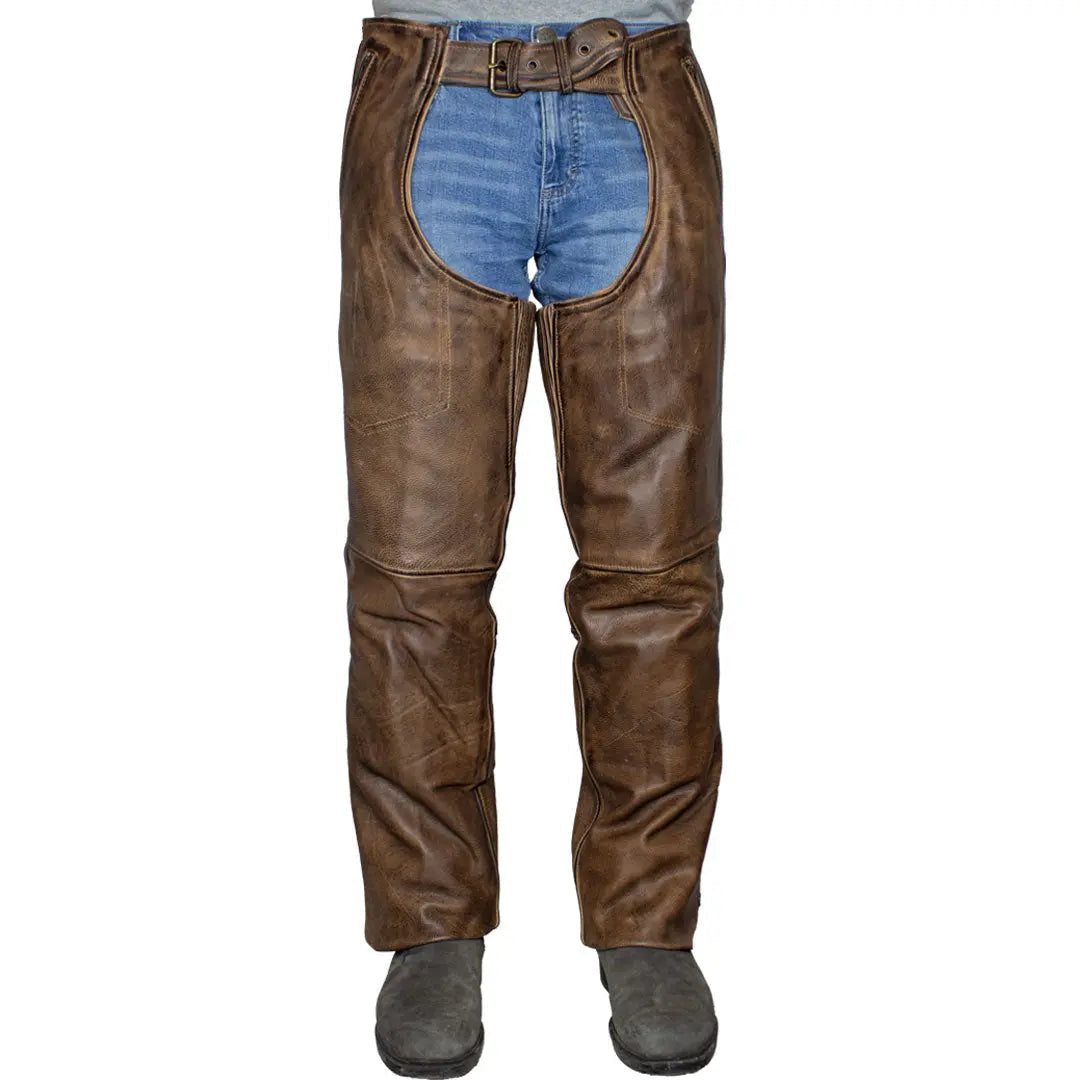 Open Road Men's Vintage Brown 4 Pocket Premium Leather Chaps - Velora Luxury Fashion