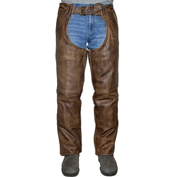 Open Road Men's Vintage Brown 4 Pocket Premium Leather Chaps - Velora Luxury Fashion