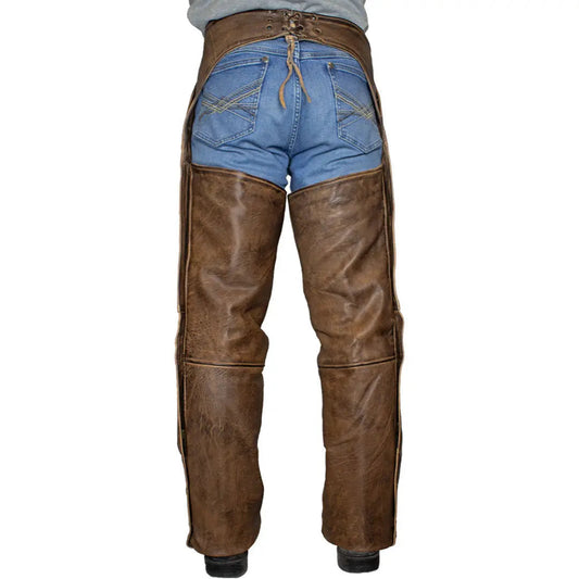 Open Road Men's Vintage Brown 4 Pocket Premium Leather Chaps - Velora Luxury Fashion