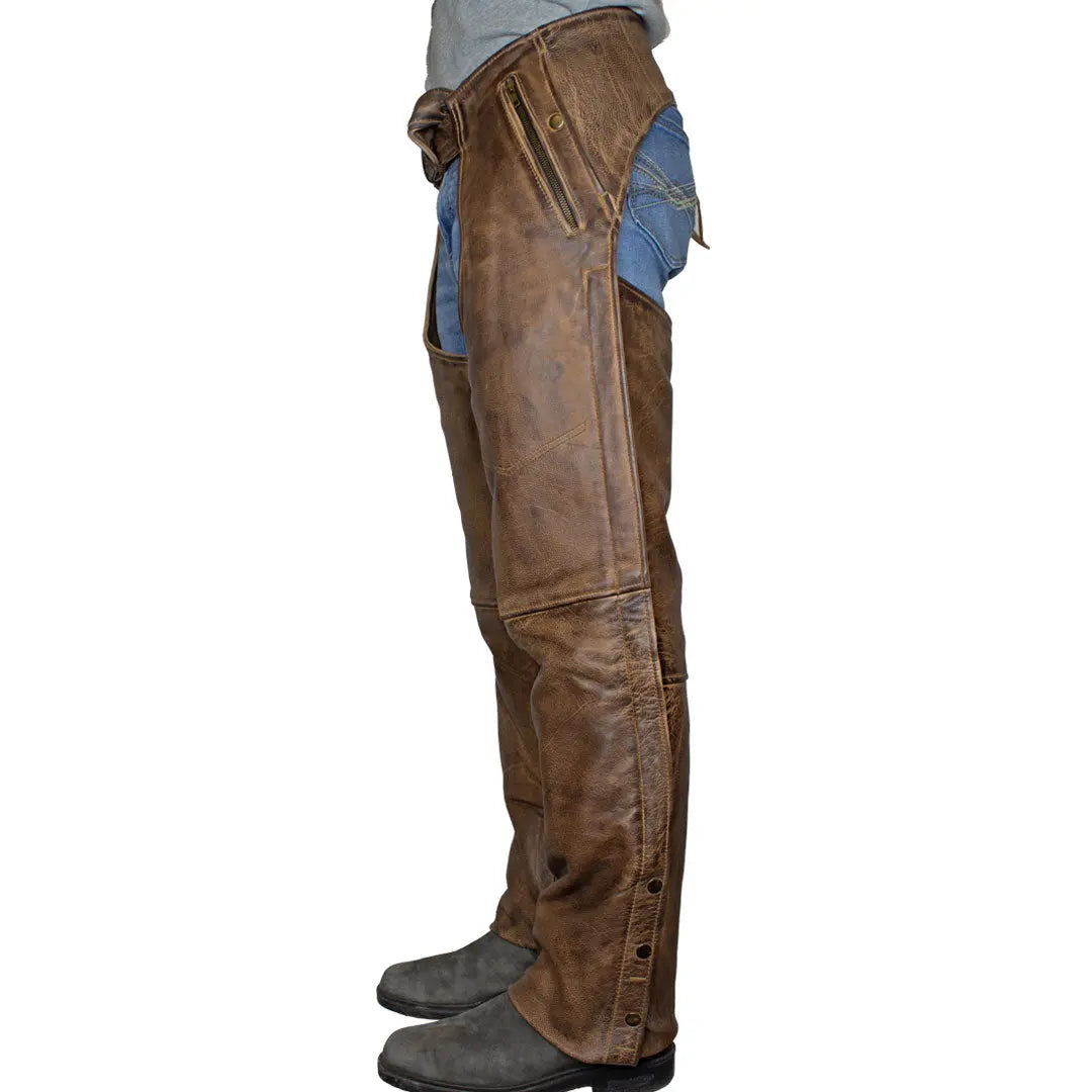 Open Road Men's Vintage Brown 4 Pocket Premium Leather Chaps - Velora Luxury Fashion