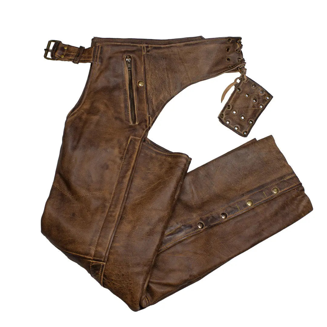 Open Road Men's Vintage Brown 4 Pocket Premium Leather Chaps - Velora Luxury Fashion