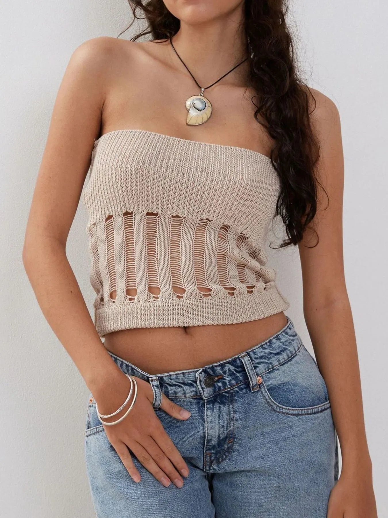 Openwork Knit Tube Top - Velora Luxury Fashion