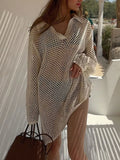 Openwork Long Sleeve Knit Cover Up Dress - Velora Luxury Fashion