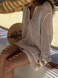 Openwork Long Sleeve Knit Cover Up Dress - Velora Luxury Fashion