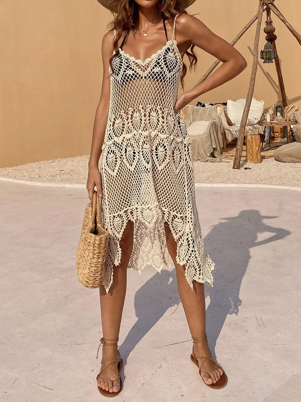 Openwork Scoop Neck Spaghetti Strap Cover-Up Dress - Velora Luxury Fashion