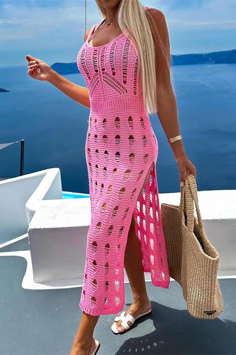 Openwork Slit Scoop Neck Sleeveless Cover Up - Velora Luxury Fashion