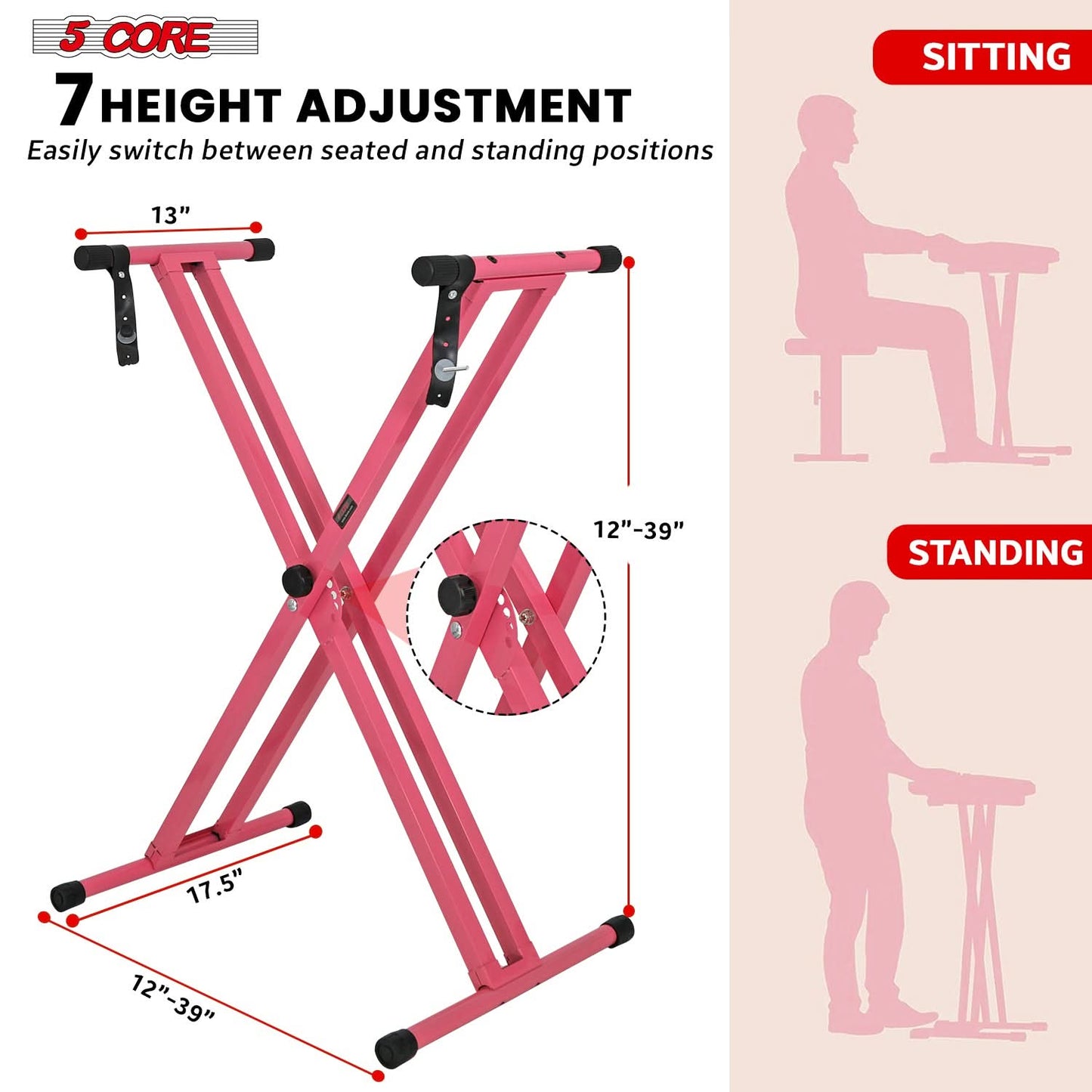 5Core Keyboard Stand Double X Style Adjustable Lift Piano Riser For 49 To 88 Keys BABY PINK - Velora