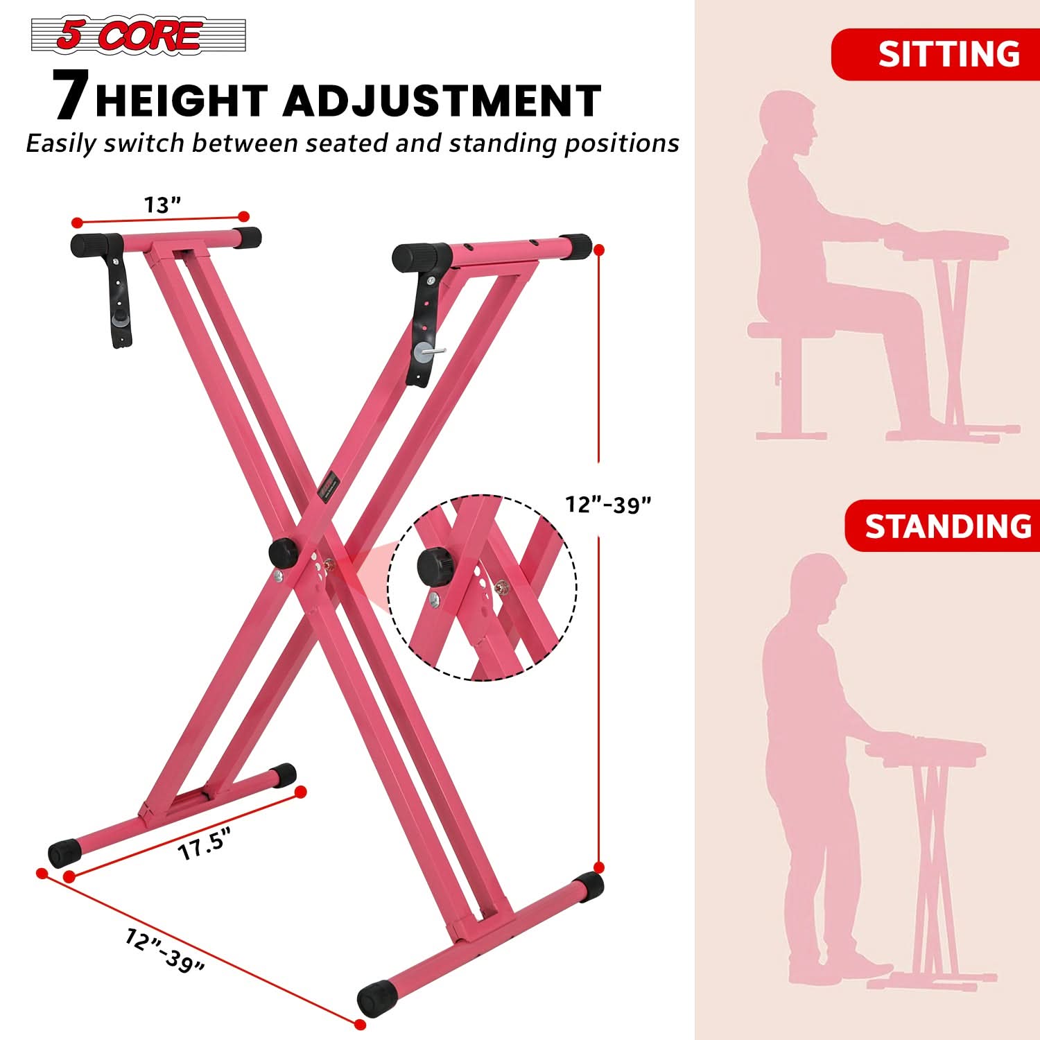 5Core Keyboard Stand Double X Style Adjustable Lift Piano Riser For 49 To 88 Keys BABY PINK - Velora