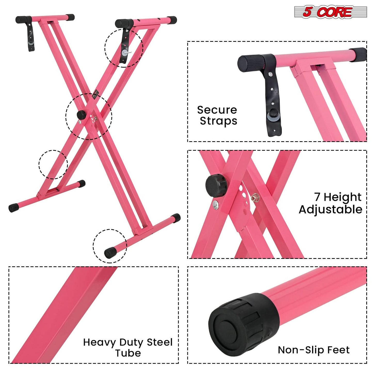 5Core Keyboard Stand Double X Style Adjustable Lift Piano Riser For 49 To 88 Keys BABY PINK - Velora