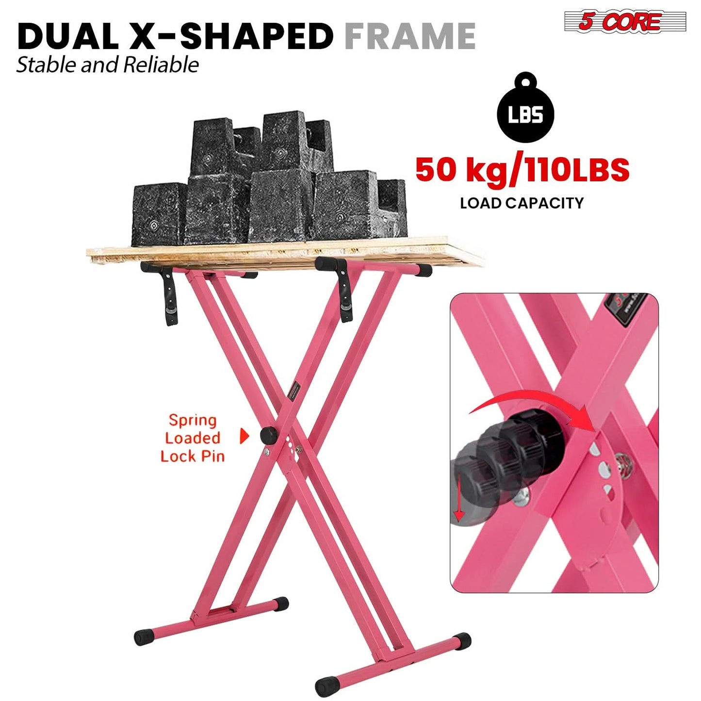 5Core Keyboard Stand Double X Style Adjustable Lift Piano Riser For 49 To 88 Keys BABY PINK - Velora