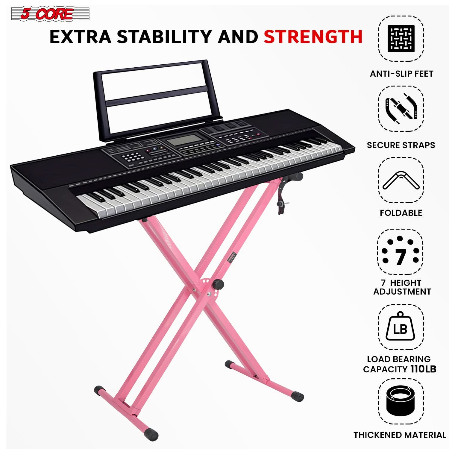 5Core Keyboard Stand Double X Style Adjustable Lift Piano Riser For 49 To 88 Keys BABY PINK - Velora