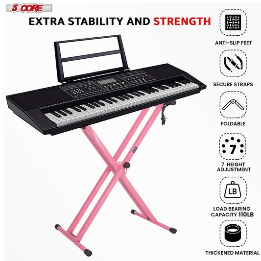 5Core Keyboard Stand Double X Style Adjustable Lift Piano Riser For 49 To 88 Keys BABY PINK - Velora