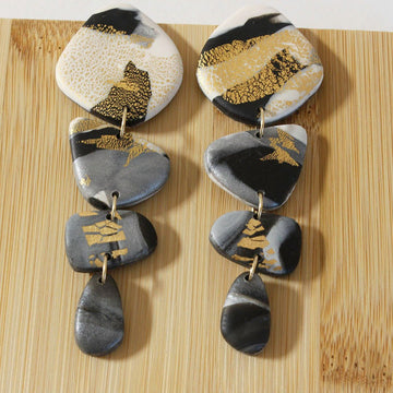 PIEDRA Earrings. White, Black, gold and grey marble swirls, Bold statement Earrings - Velora Luxury Fashion