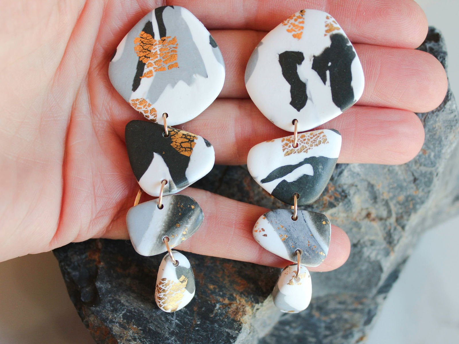 PIEDRA Earrings. White, Black, gold and grey marble swirls, Bold statement Earrings - Velora Luxury Fashion