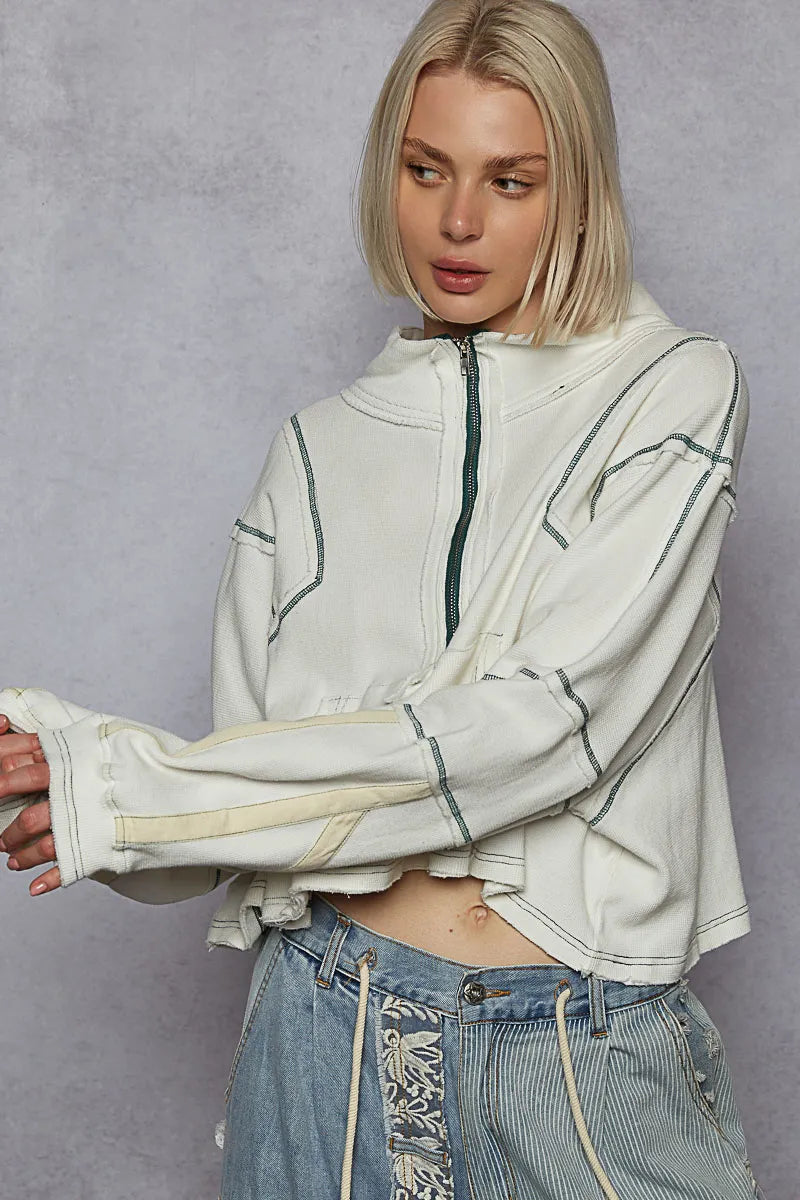 POL Contrast Stitching Zip Front Sweatshirt - Velora Luxury Fashion