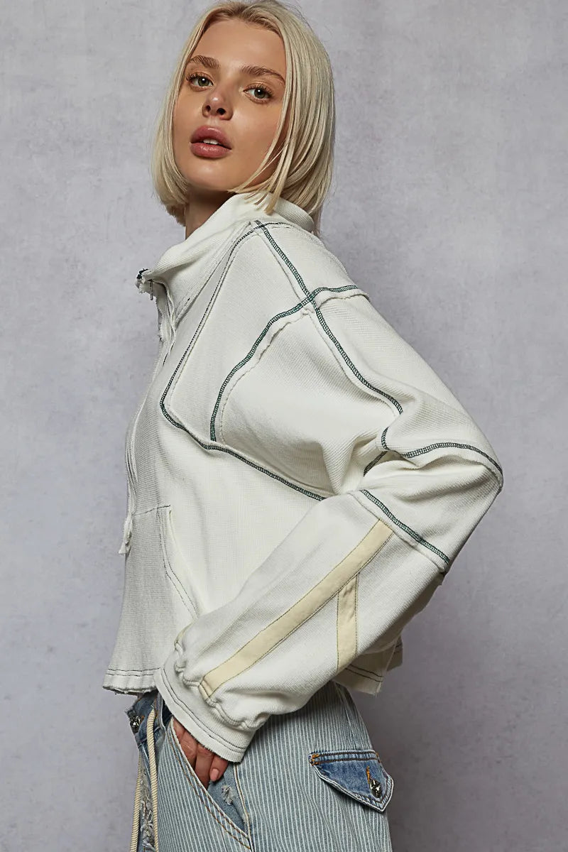 POL Contrast Stitching Zip Front Sweatshirt - Velora Luxury Fashion