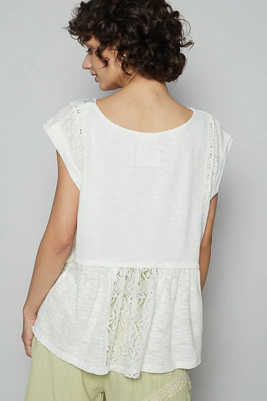POL Embroidered Detail Boat Neck Cap Sleeve Lace Blouse - Velora Luxury Fashion