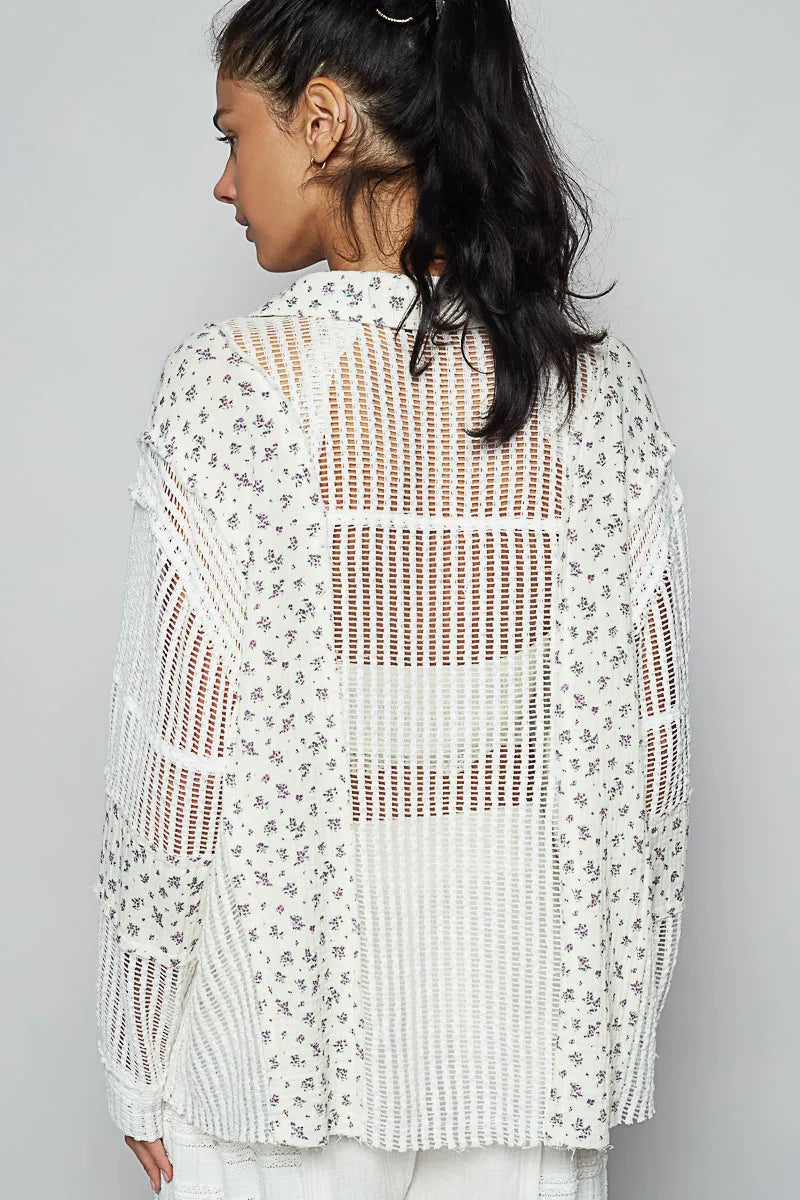 POL Floral Crochet Patchwork Long Sleeve Shirt - Velora Luxury Fashion