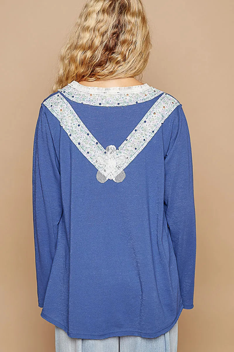 POL Lace Flower Patch Long Sleeve T-Shirt - Velora Luxury Fashion