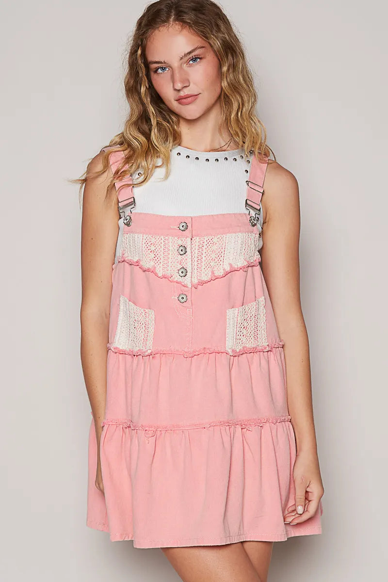 POL Lace Patchwork Detail Denim Overall Dress - Velora Luxury Fashion
