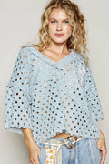 POL V-Neck Short Sleeve Top with Laser Cut Detail - Velora Luxury Fashion