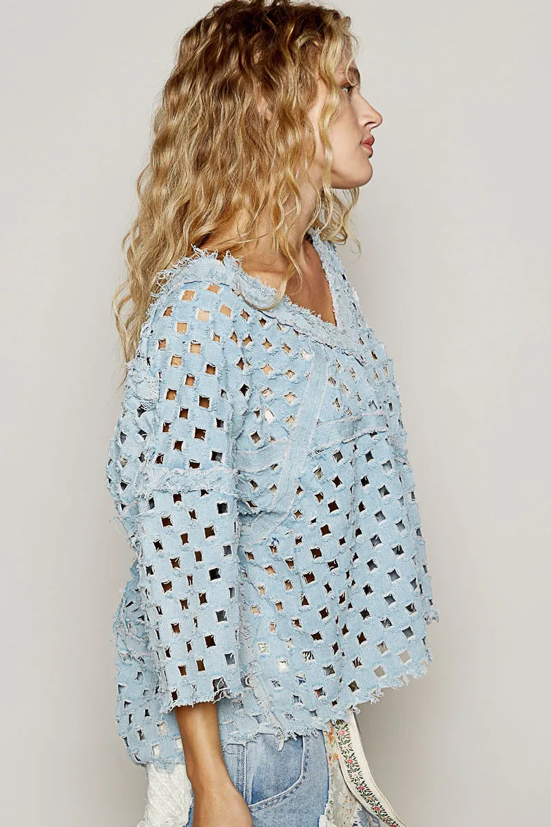 POL V-Neck Short Sleeve Top with Laser Cut Detail - Velora Luxury Fashion