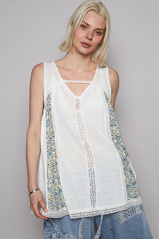 POL V Neck Sleeveless Tank Top with Lace Detail - Velora Luxury Fashion