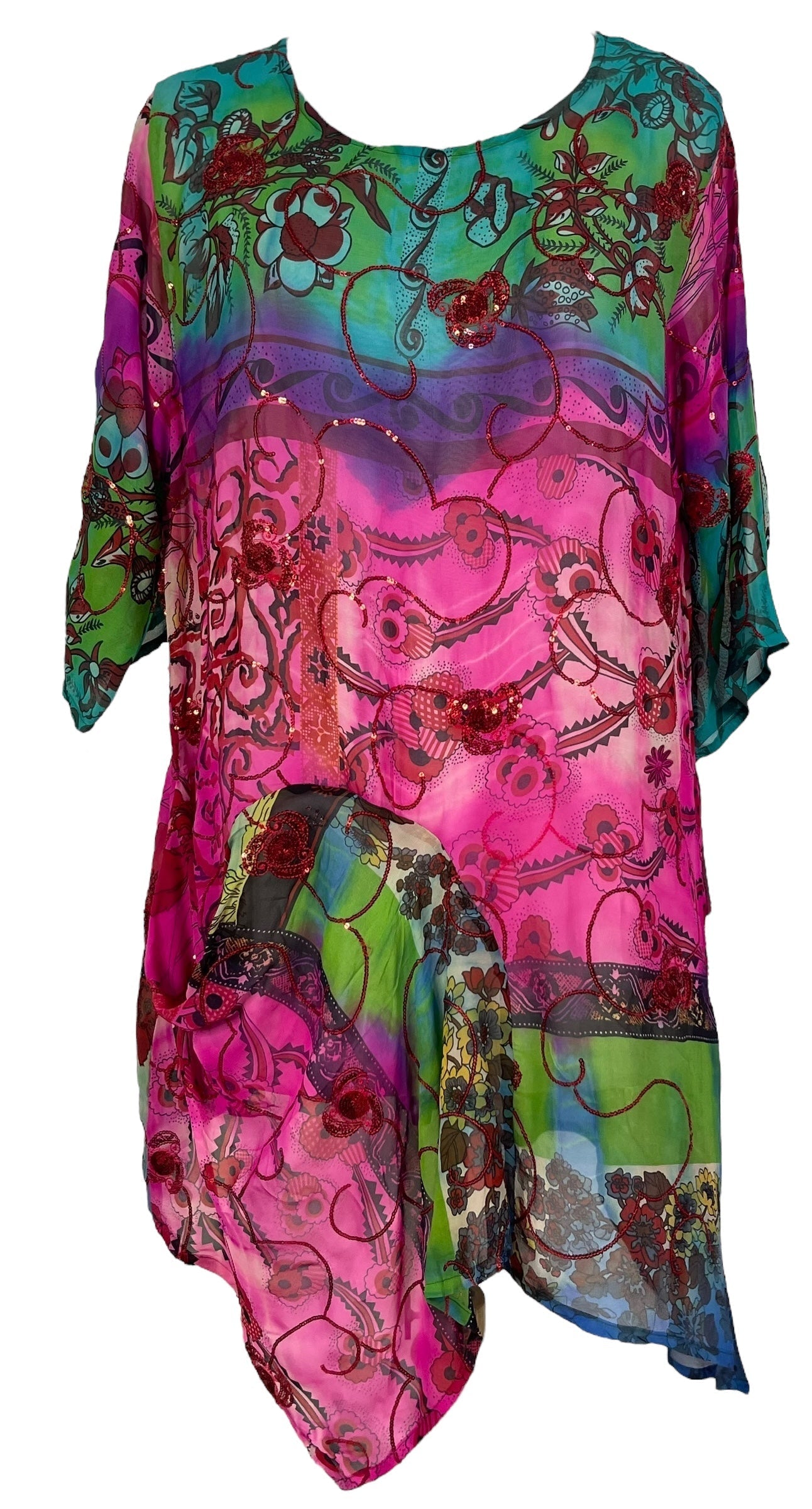 PRG6809 Sheer Avatar Pure Silk Self Pocket Tunic Dress - Velora