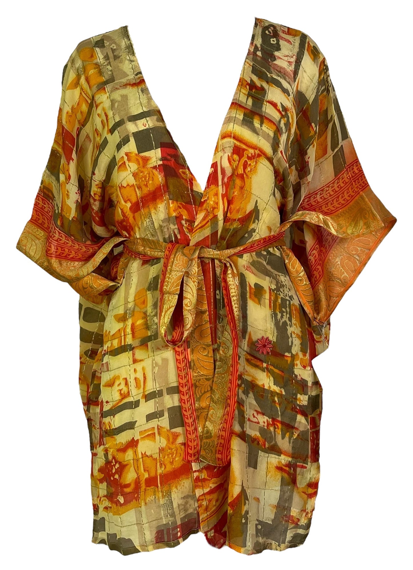 PRG6898 Sheer Avatar Pure Silk Kimono-Sleeved Jacket with Belt - Velora Luxury Fashion