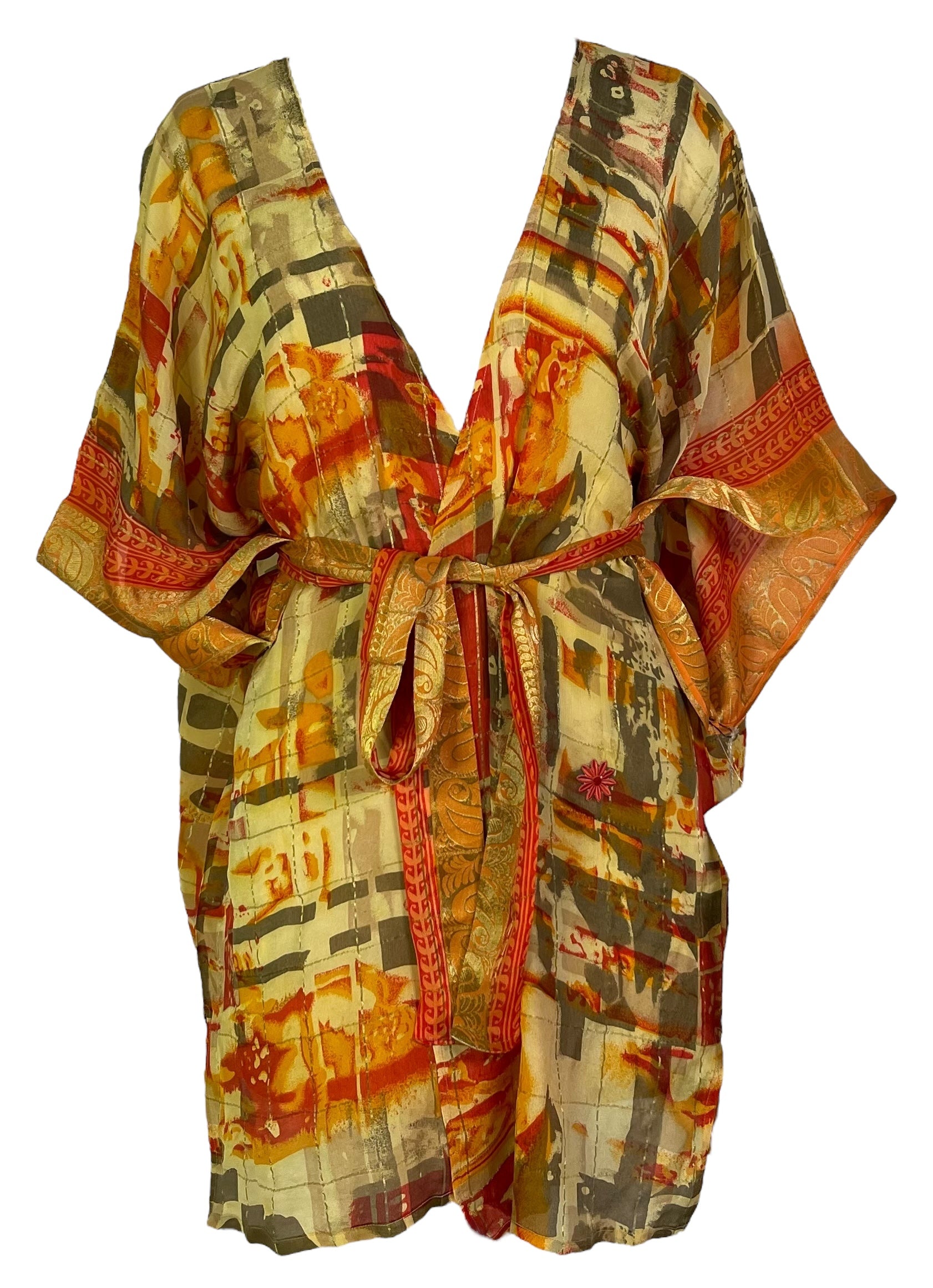 PRG6898 Sheer Avatar Pure Silk Kimono-Sleeved Jacket with Belt - Velora Luxury Fashion