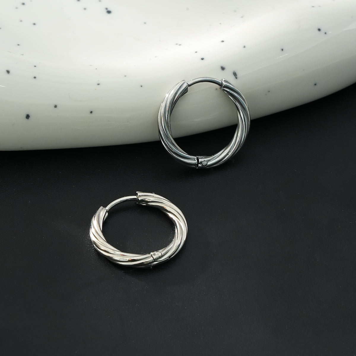 PURLEY: White Gold (Silver Toned) Richly Textured Modernist Mini Hoop Earrings - Velora