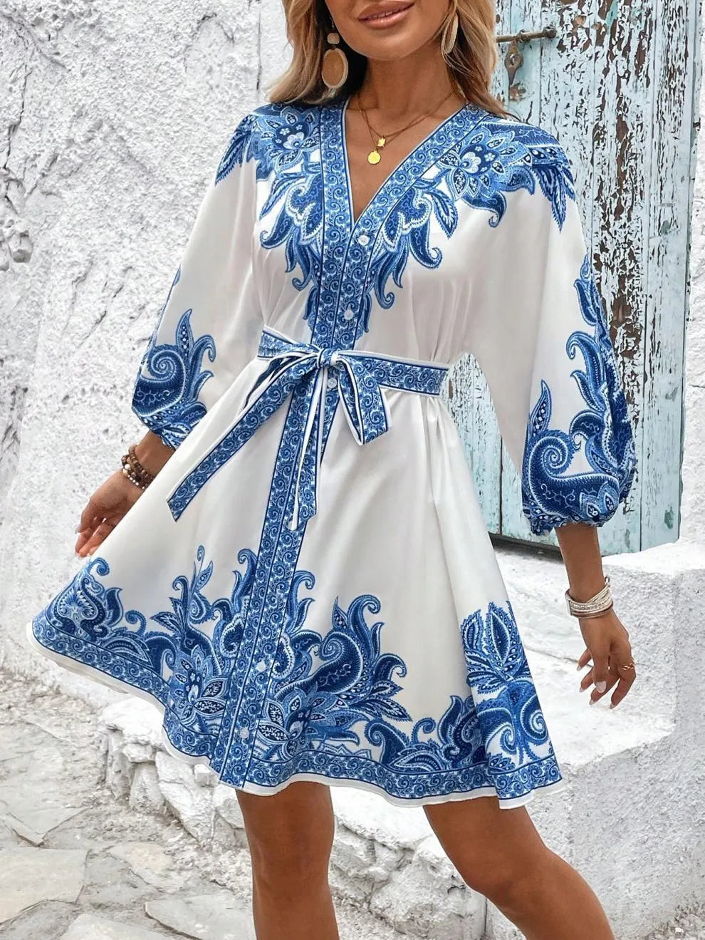 Paisley V-Neck 3/4 Sleeve Mini Dress - Velora Luxury Fashion