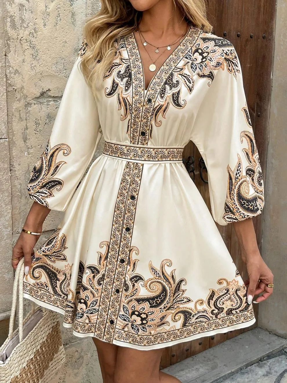 Paisley V-Neck 3/4 Sleeve Mini Dress - Velora Luxury Fashion