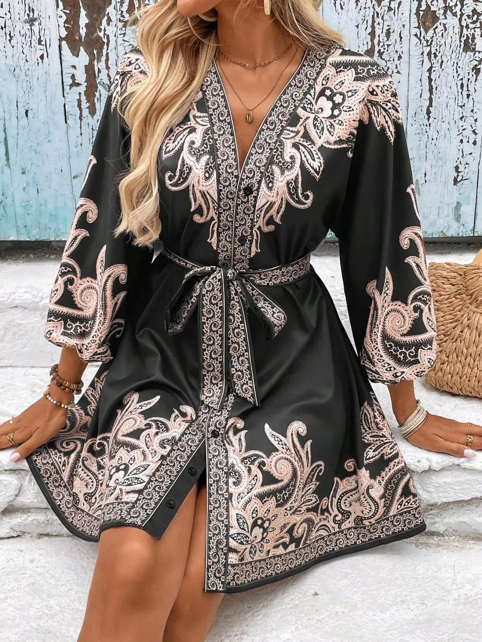 Paisley V-Neck 3/4 Sleeve Mini Dress - Velora Luxury Fashion