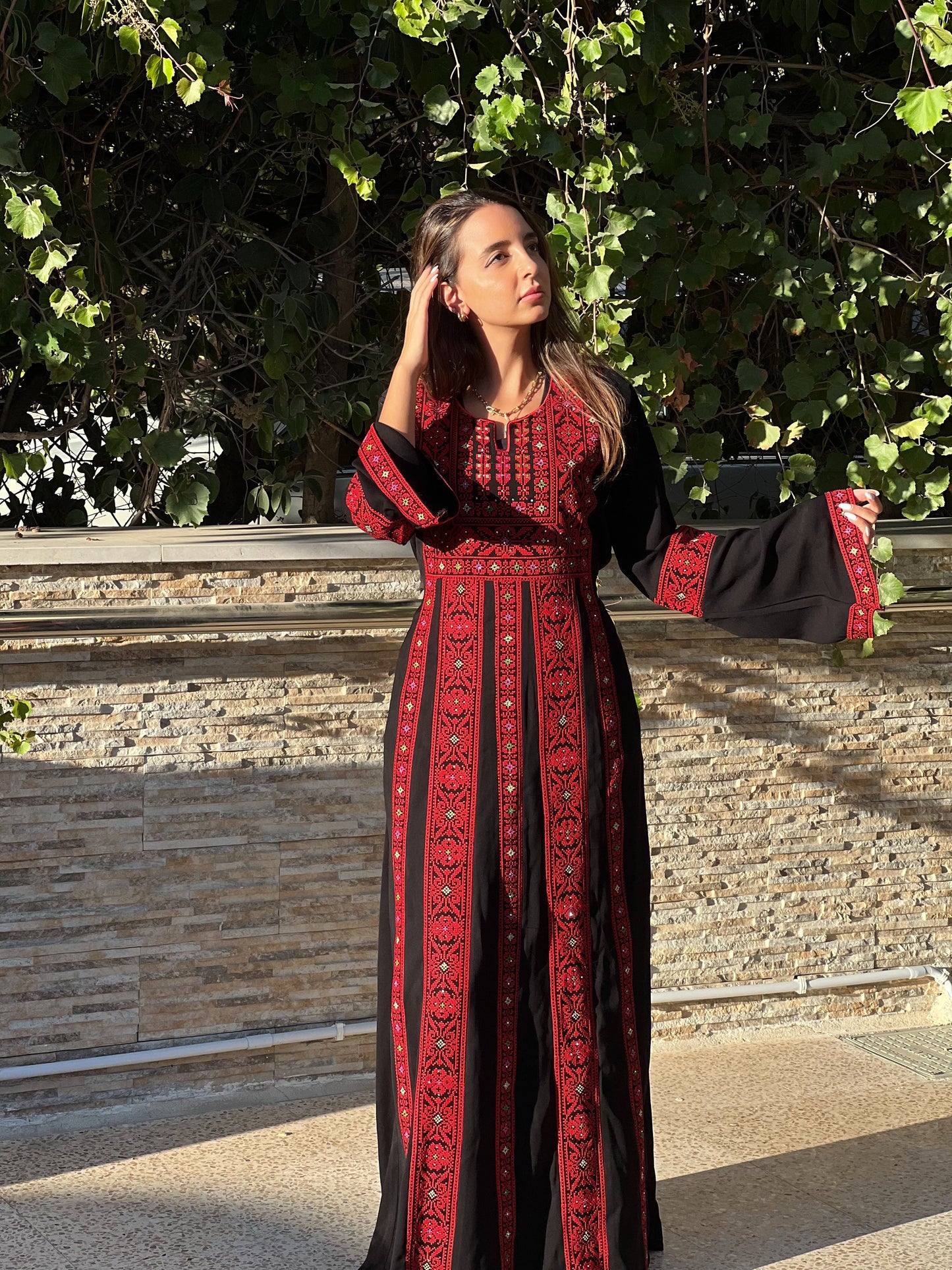 Palestinian Thobe Traditional Dress | Black with Red Tatreez Embroidery for Adults - Velora Luxury Fashion