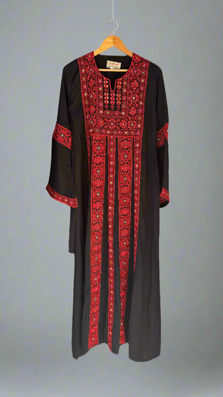Palestinian Thobe Traditional Dress | Black with Red Tatreez Embroidery for Adults - Velora Luxury Fashion