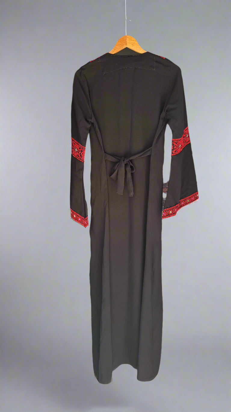 Palestinian Thobe Traditional Dress | Black with Red Tatreez Embroidery for Adults - Velora Luxury Fashion