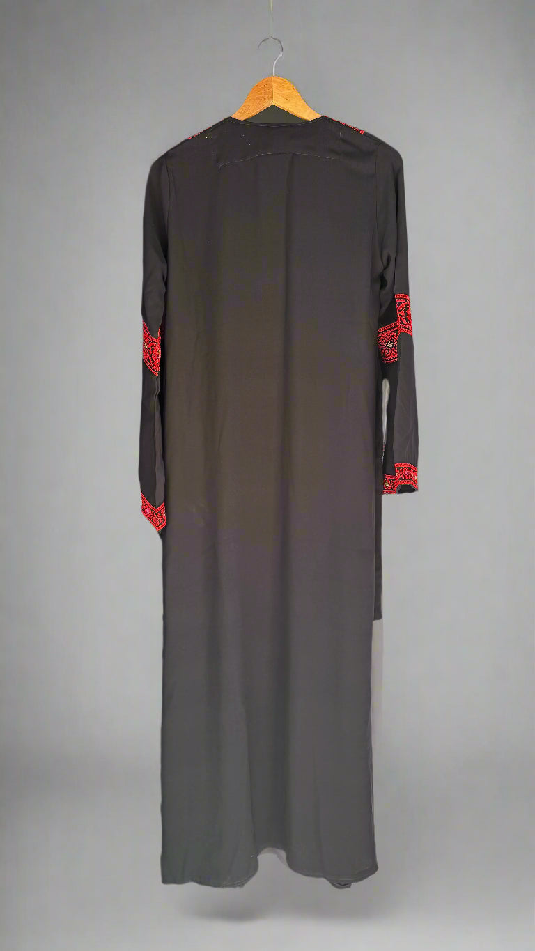 Palestinian Thobe Traditional Dress | Black with Red Tatreez Embroidery for Adults - Velora Luxury Fashion