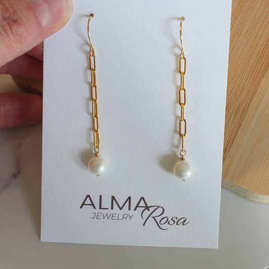 Paperclip Pearl Earrings - Drop, dangle Pearl Earrings with 14K gold fill chain - Velora Luxury Fashion