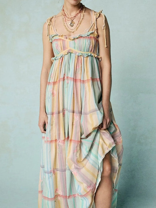 Pastel Plaid Back Smocked Maxi Cami Dress - Velora Luxury Fashion
