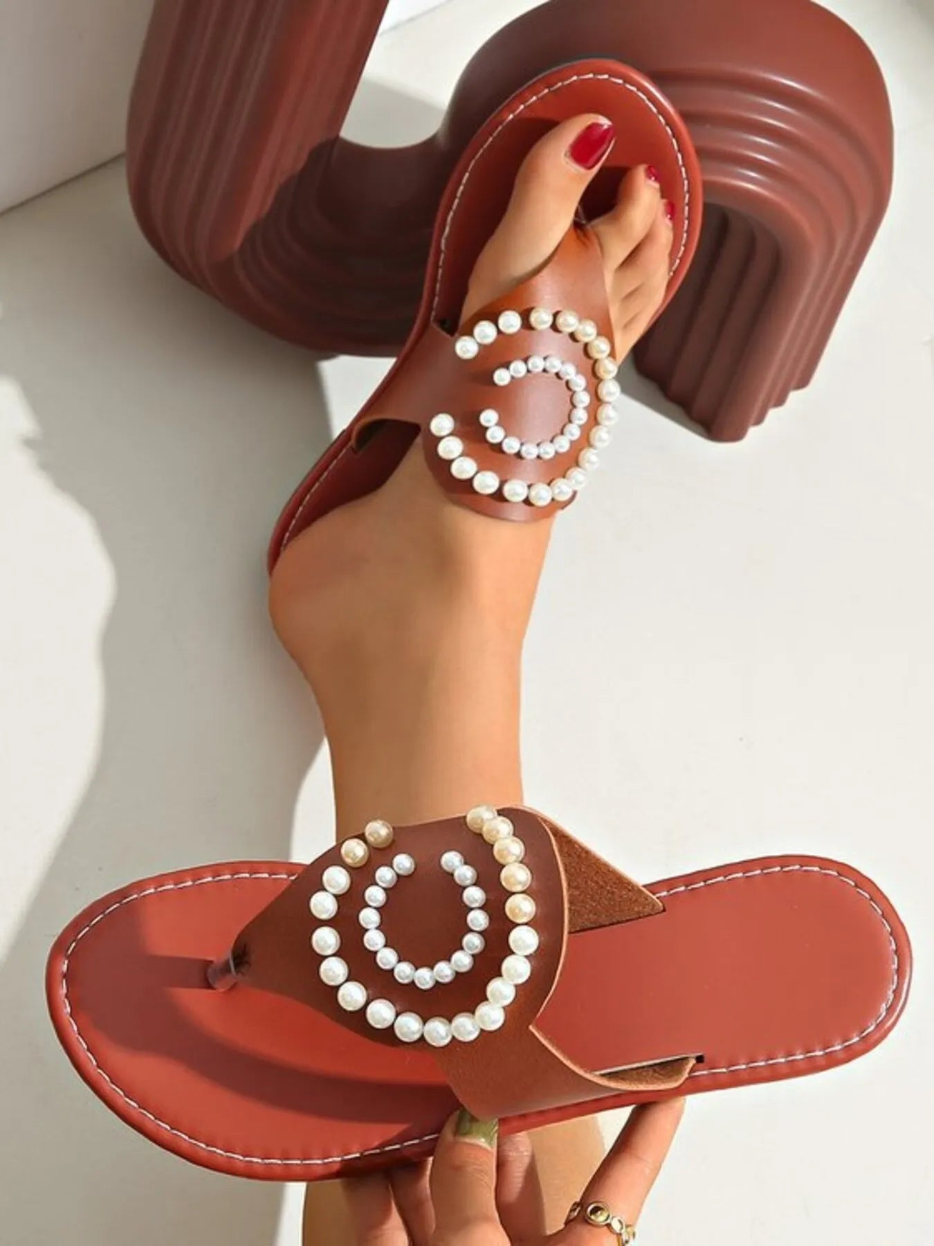 Pearl Embellished Flat Sandals - Velora Luxury Fashion