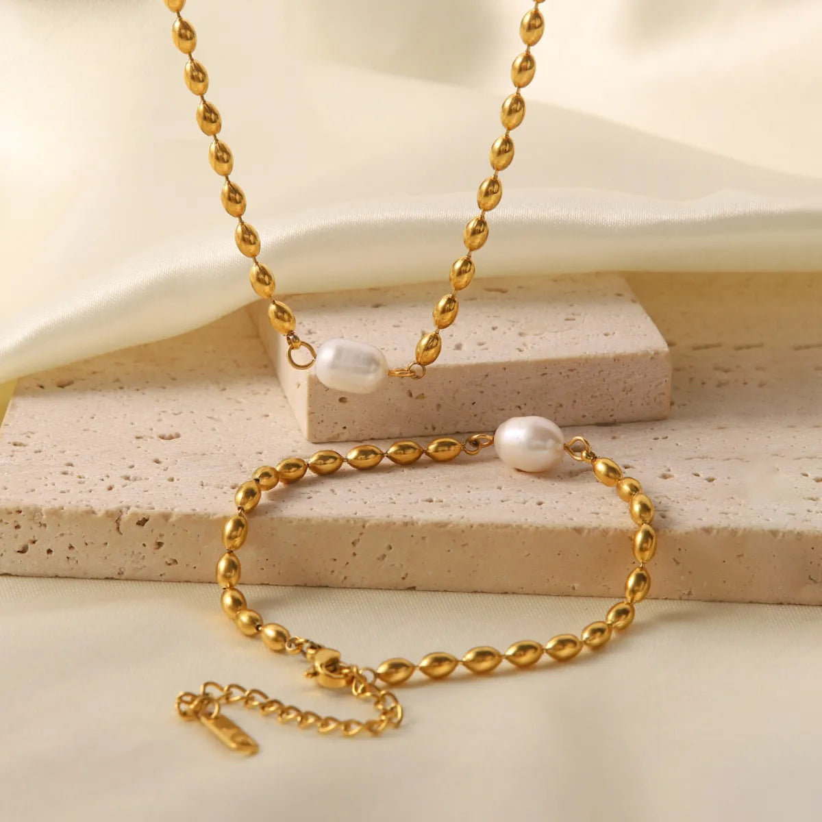 Pearl and Gold Chain Jewelry Set with Necklace and Bracelet - Velora Luxury Fashion